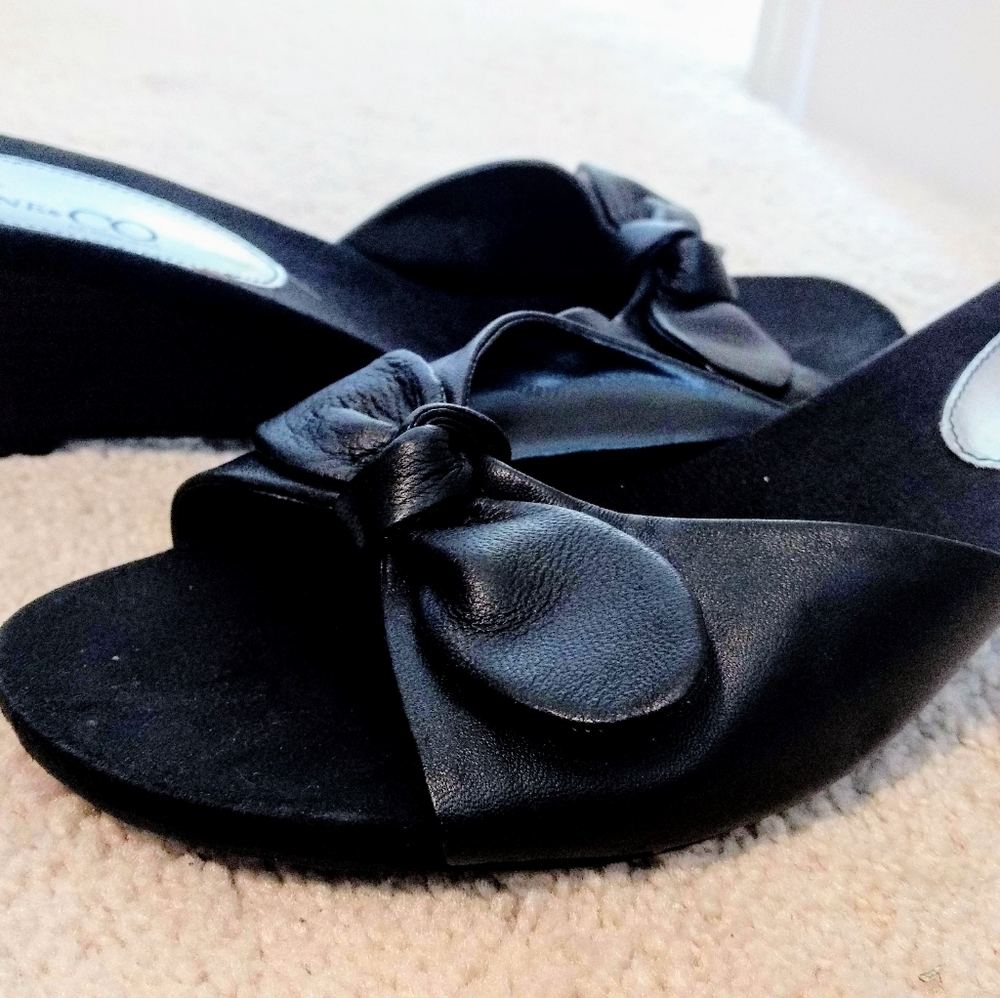 Women's black leather wedge mules